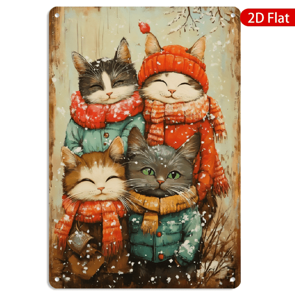 8x12 Inch Rectangular Metal Wall Art, Vintage Winter Cats Snowfall Scene with Scarves and Trees Tin Decor 1pc for Home Living Room Kitchen