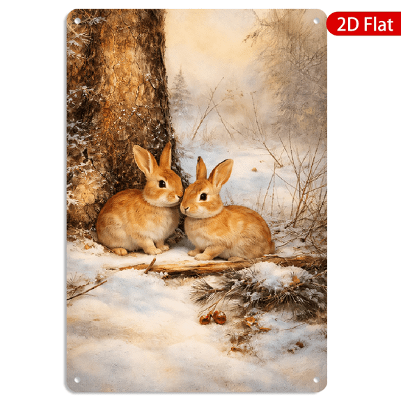 8x12 Inch Rectangular Metal Wall Art, Vintage Winter Rabbit Pair Scene on Textured Tree Trunk Tin Style Farmhouse Decor 1pc for Home Living Room Kitchen