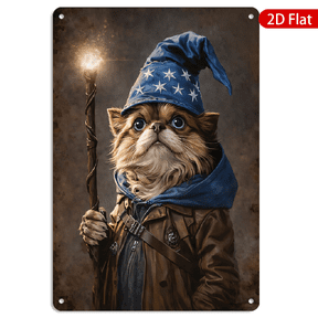 8x12 Inch Rectangular Metal Wall Art, Whimsical Cat Wizard Adventurer Glowing Staff Retro Rustic Decor 1pc for Home Living Room