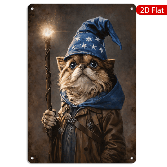 8x12 Inch Rectangular Metal Wall Art, Whimsical Cat Wizard Adventurer Glowing Staff Retro Rustic Decor 1pc for Home Living Room