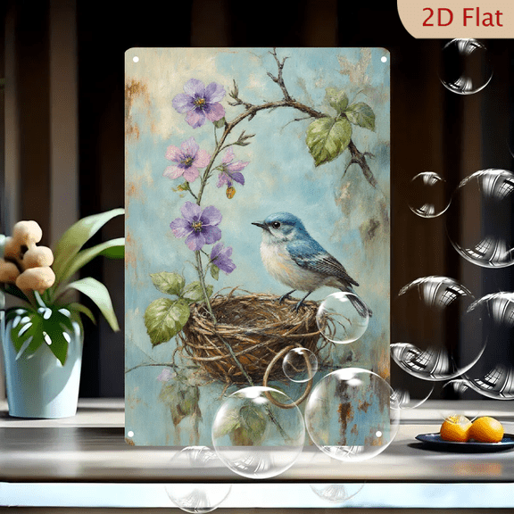 8x12 Inch Rustic Bird Nest Wall Art, Vintage Impressionist Blue Bird on Twig Nest with Purple Flowers, Pastel Botanical Metal Tin Sign for Home Decor