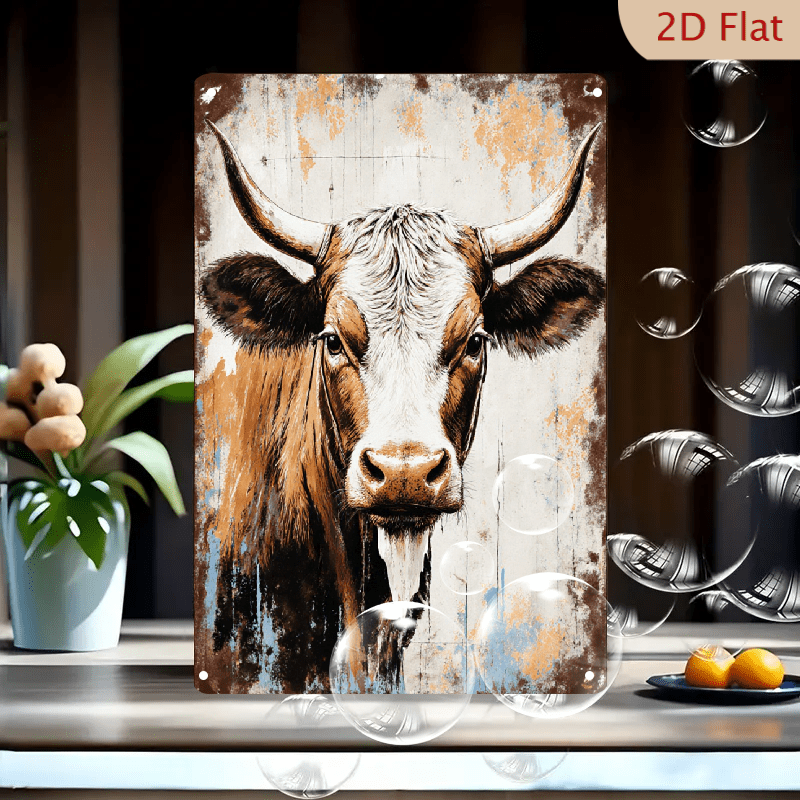  8x12 Inch Rustic Cow Head Wall Art Metal Tin Sign, Vintage Grunge Farm Bildidee 