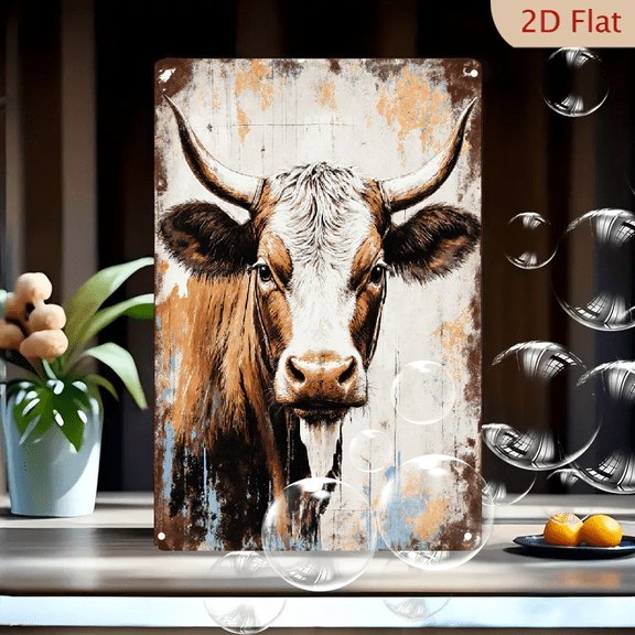 8x12 Inch Rustic Cow Head Wall Art Metal Tin Sign, Vintage Grunge Farm Animal Decor with Peeling Paint Background for Barn Kitchen Home