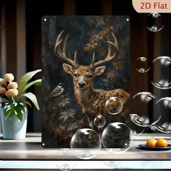 8x12 Inch Rustic Deer and Bird Oil Painting Wall Art, Moody Forest Scene with Majestic Stag and Chickadee on Leafy Branch, Deep Green Autumn Foliage, Textured Canvas Print for Home Decor