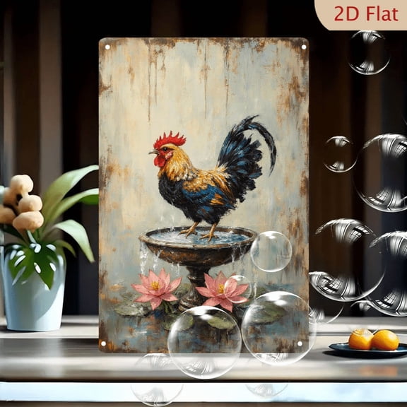 8x12 Inch Rustic Rooster in Stone Basin Wall Art, Vintage Metal Tin Sign with Pink Lotus Flowers and Water Splash, Distressed Wood Texture Farmhouse Decor for Kitchen, Barn, or Home