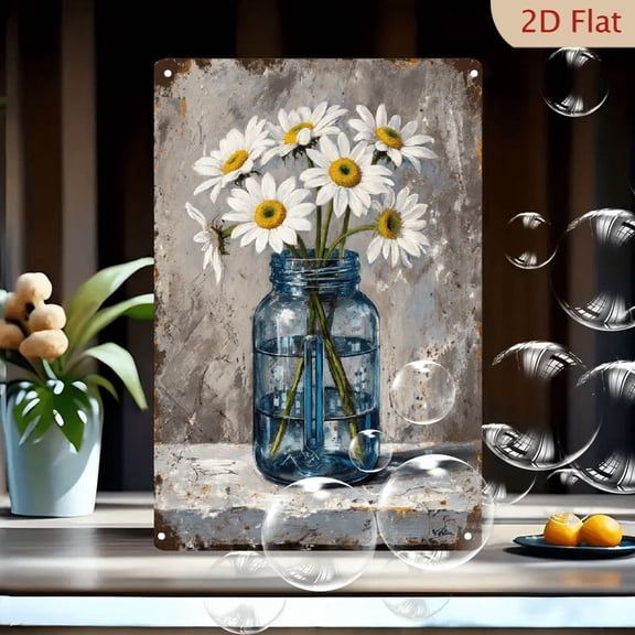 8x12 Inch Rustic Still Life Metal Wall Art, White Daisies in Blue Mason Jar on Weathered Windowsill, Vintage Grunge Background, Farmhouse Decor for Living Room, Kitchen, Bedroom