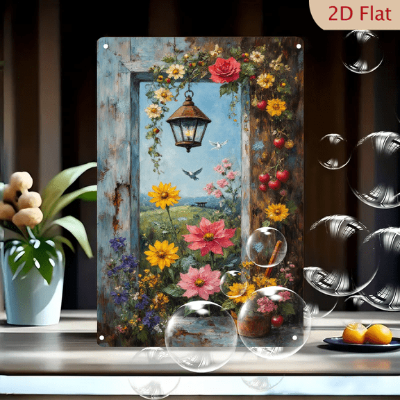 8x12 Inch Rustic Wooden Window Frame Metal Wall Art, Vibrant Countryside Landscape with Sunflowers Roses Apples and Birds, Vintage Lantern Decor for Farmhouse Kitchen Living Room