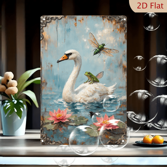 8x12 Inch Rusty Metal Wall Art, Serene Nature Painting with White Swan, Green Frog & Fly, Pink Lotus Flowers, Ornate Dark Frame