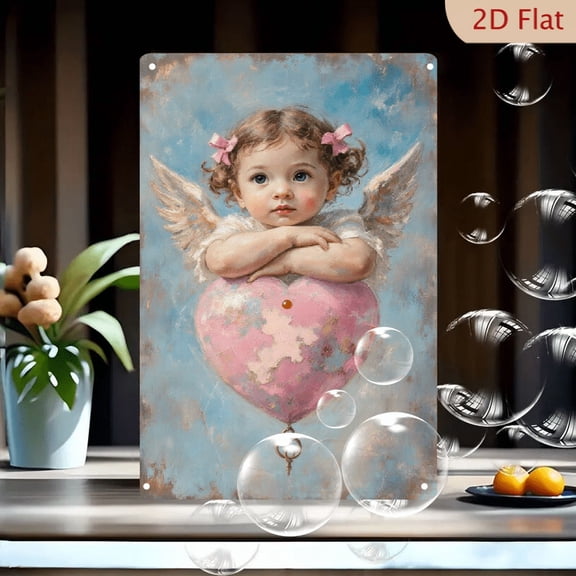 8x12 Inch Soft Painterly Angel Child Wall Art Print, Cute Girl with Curly Hair Pink Bows and Wings Resting on Heart Balloon, Dreamy Pastel Nursery Decor for Baby Room
