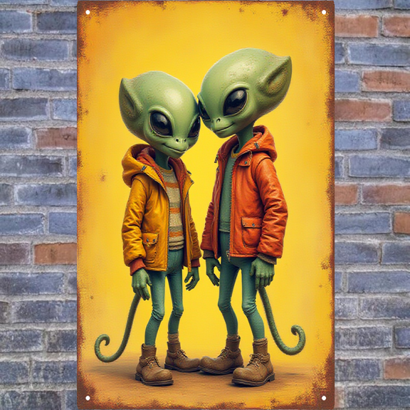8x12 Inch Tin Sign - Green Aliens Design, Perfect for Wall, Bar, Unique Decor - High - Quality Tin Signs
