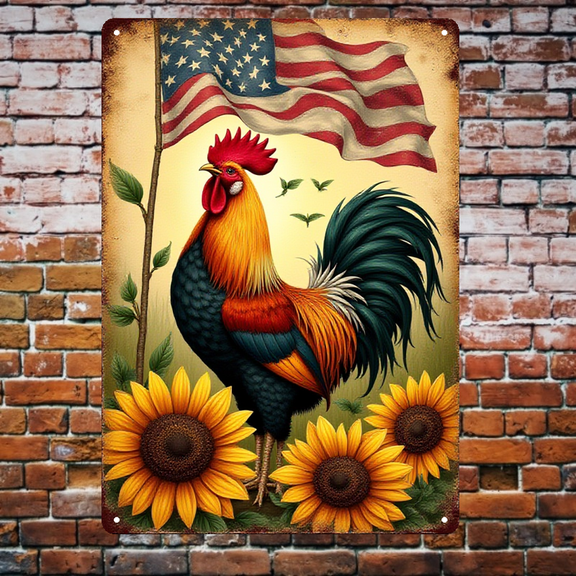 8x12 Inch Tin Sign - Rooster and American Flag Design, Perfect for Wall, Bar, Farmhouse Decor - High - Quality Tin Signs