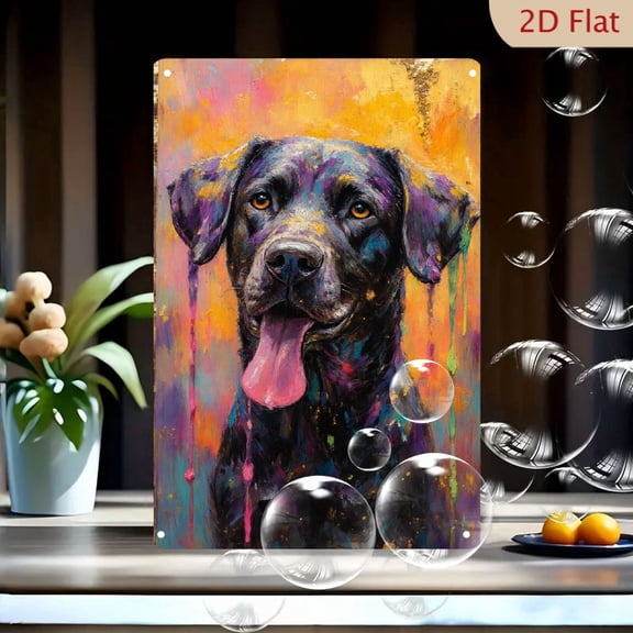 8x12 Inch Vibrant Black Dog Portrait Metal Wall Art, Expressive Painterly Labrador with Amber Eyes & Colorful Splashes, Abstract Expressionism Home Decor for Living Room or Office