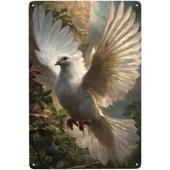 8x12 Inch Vibrant Flying Pigeon Amidst Lush Greenery Metal Tin Sign, Art Wall Decor Easy to Hang