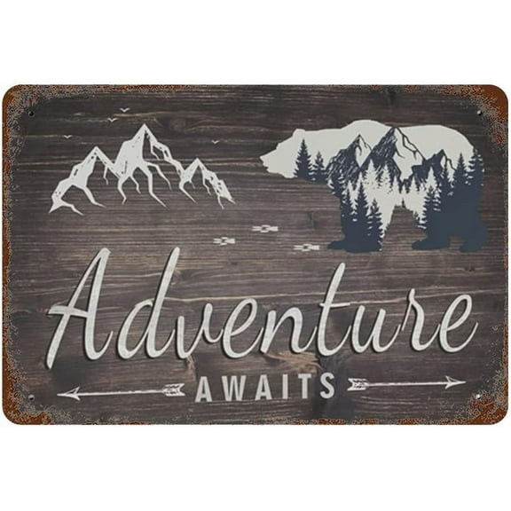 8x12 Inch Vintage Adventure Travel Rustic Metal Sign With Bear Mountain Shape, Adventure Awaits Bear Decor Tin Sign Wall Decor, Mountain Travel Lovers Birthday Holiday Housewarming Home Decor Gift