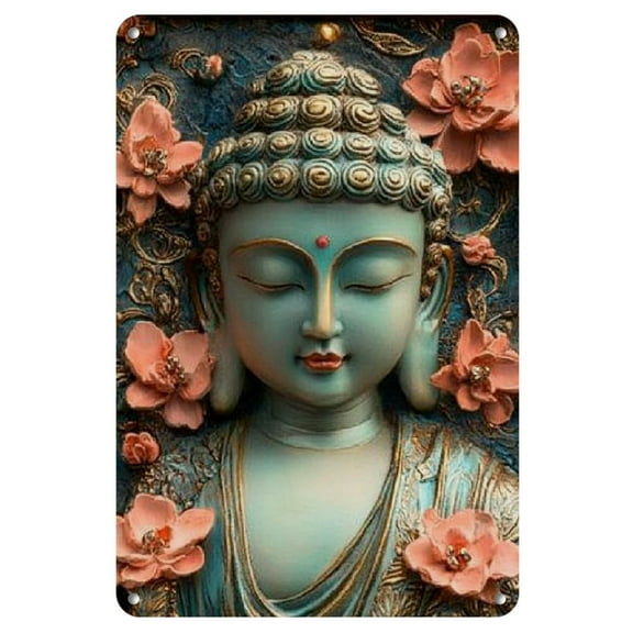 8x12 Inch Vintage Buddha Metal Wall Art - Serene 2D Iron Decor with Intricate & Pink for Lotus Flowers, Perfect for Home, Kitchen, Garden, Bedroom, or Bar, Zen Home Decor
