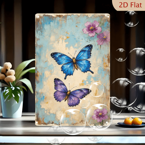 8x12 Inch Vintage Distressed Metal Wall Art, Blue and Purple Butterflies with Pink Flowers on Faded Rustic Background, Painterly Aesthetic Decor for Home