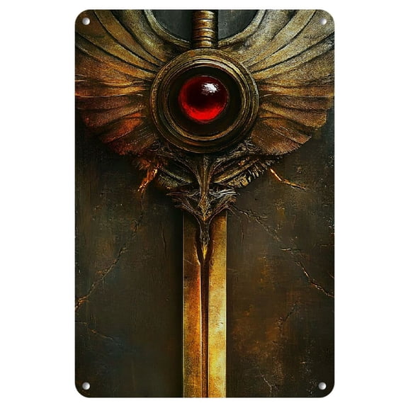 8x12 Inch Vintage Iron Wall Art - Retro Wings Design with Red Gemstone & Golden Accents, Iron Home and Office Decor, Perfect for Halloween or Scandinavian Style, Metal Wall Art Decor