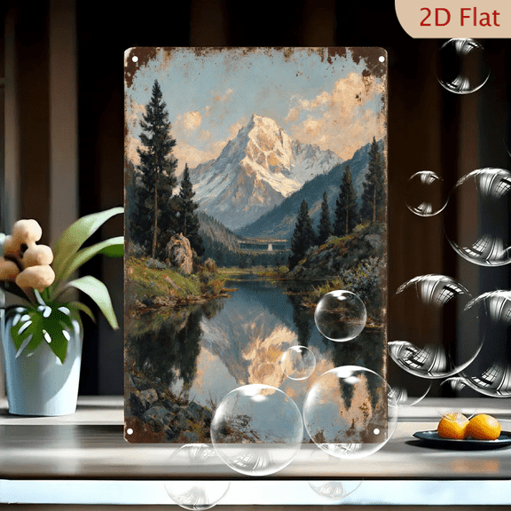 8x12 Inch Vintage Metal Sign, Serene Snow-Capped Mountain Lake Landscape with Pine Trees and Pink Clouds, Rustic Wall Art Decor for Home Cabin