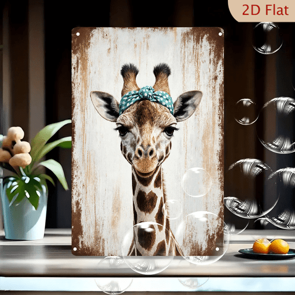 8x12 Inch Vintage Metal Wall Art, Cute Young Giraffe with Teal Polka Dot Bandana Bow, Rustic Distressed White Background, Modern Farmhouse Decor