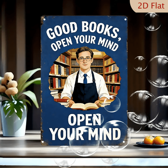 8x12 Inch Vintage Metal Wall Art Poster "Good Books Open Your Mind" Retro Bookstore Man with Glasses Deep Blue Distressed Frame Intellectual Decor for Home Office
