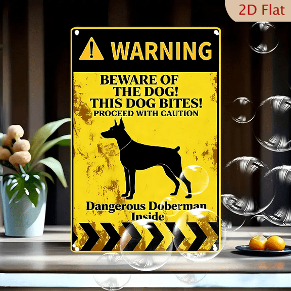 8x12 Inch Vintage Metal Warning Sign, Beware of Dog Doberman Pinscher Silhouette, Distressed Yellow Black Border Home Decor Wall Art
