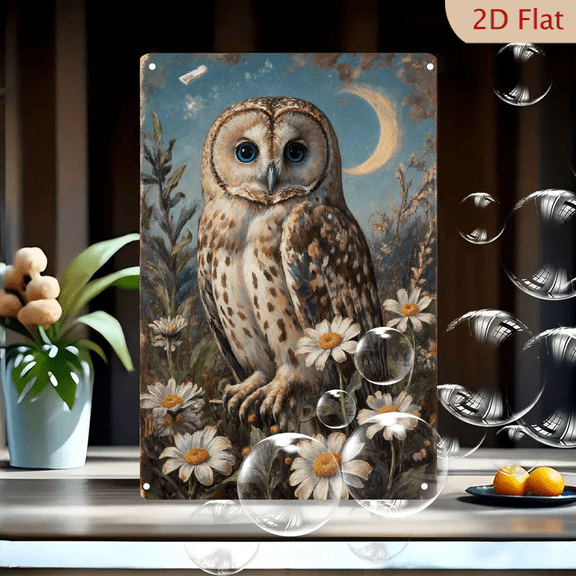 8x12 Inch Vintage Owl Art Painting, Heart-Faced Owl with Blue Eyes Perched on Daisies Under Crescent Moon, Deep Blue Twilight Night Sky Wall Decor for Home Office