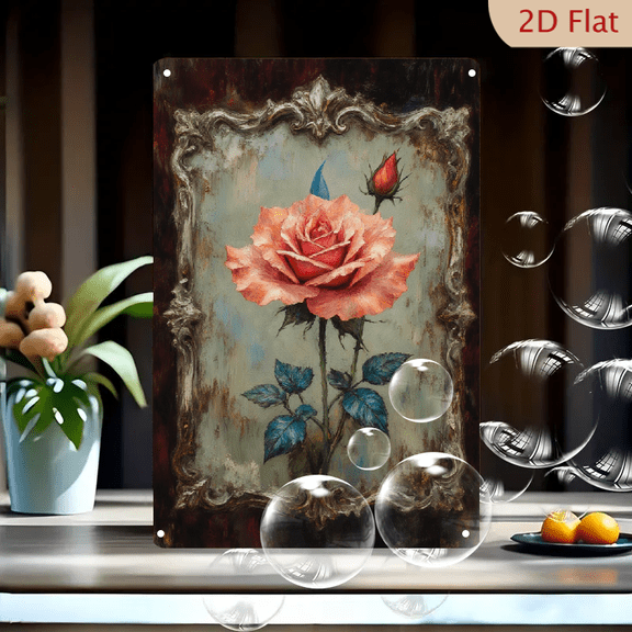 8x12 Inch Vintage Rose Painting on Metal Wall Art, Soft Peach Pink Bloom with Teal Leaves & Red Bud in Ornate Silver Scroll Frame, Distressed Background for Living Room Decor