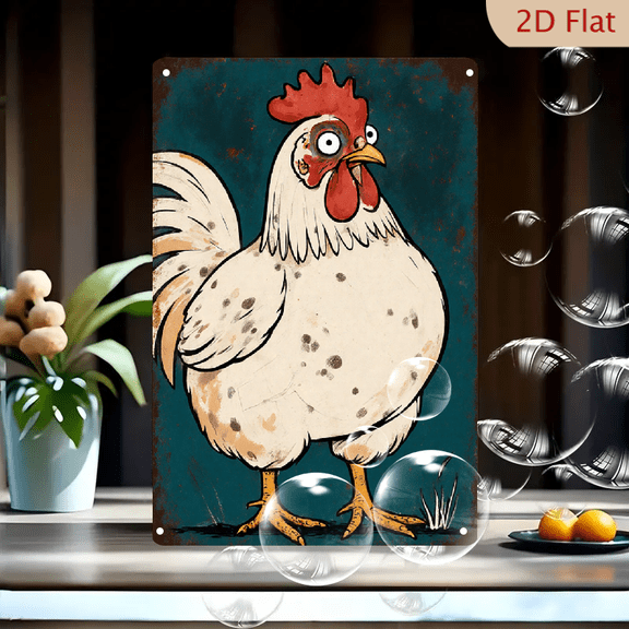 8x12 Inch Vintage Rustic Tin Sign Featuring Whimsical Cartoon Chicken with Surprised Expression on Weathered Dark Teal Metal Wall Art for Farmhouse Kitchen Decor