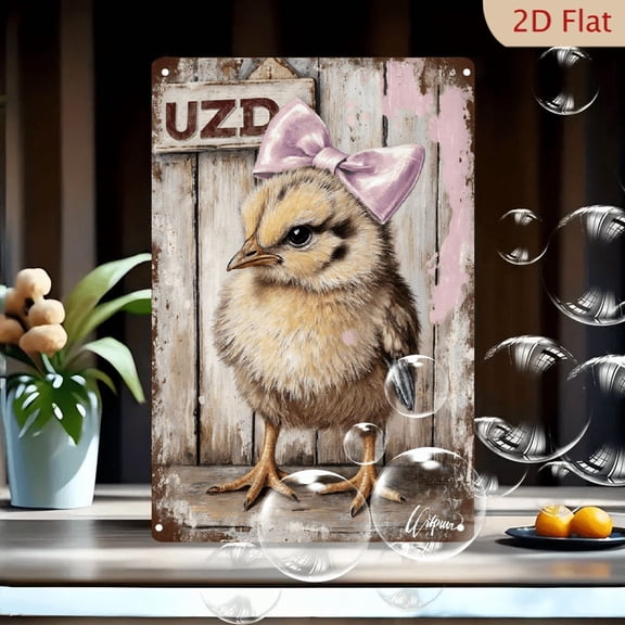 8x12 Inch Vintage Shabby Chic Metal Wall Art, Adorable Baby Chick with Lilac Bow on Rustic Wood Planks, UZD Sign, Charming Farmhouse Decor for Nursery or Kitchen