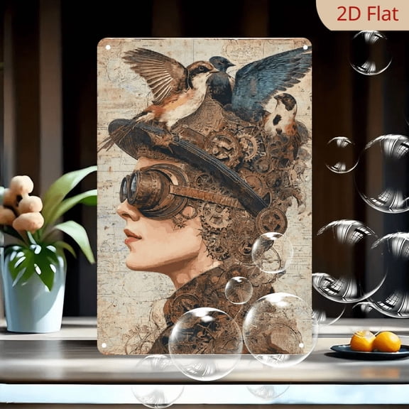 8x12 Inch Vintage Steampunk Women Metal Tin Sign Retro Wall Art with Top Hat and Goggles, Durable Iron Decor for Home, Cafe, Garage, Indoor And Outdoor Decoration