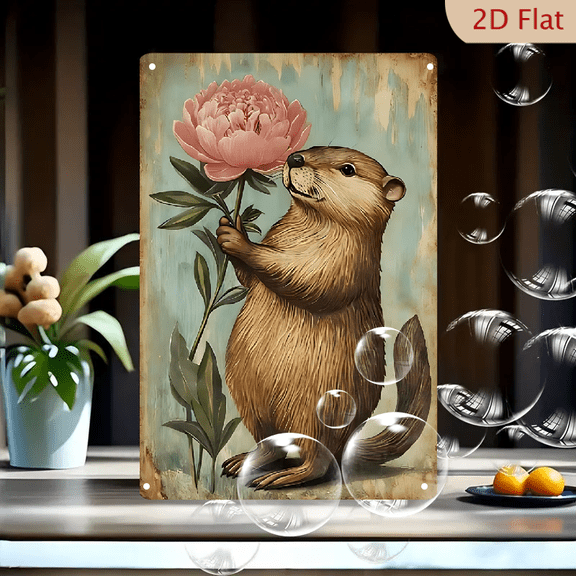 8x12 Inch Vintage Style Tin Sign, Whimsical Upright Beaver Holding Pink Peony Flower, Soft Brown Fur Artwork on Weathered Paper Background, Nostalgic Wall Decor for Home Office Kitchen
