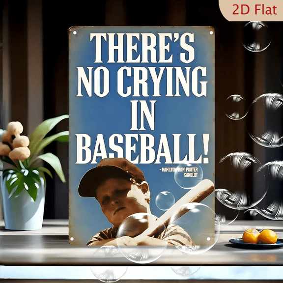 8x12 Inch Vintage "There's No Crying In Baseball" Metal Wall Art Sign with Hank Porter Quote, Retro Sports Decor for Man Cave, Game Room, or Youth Baseball Enthusiasts