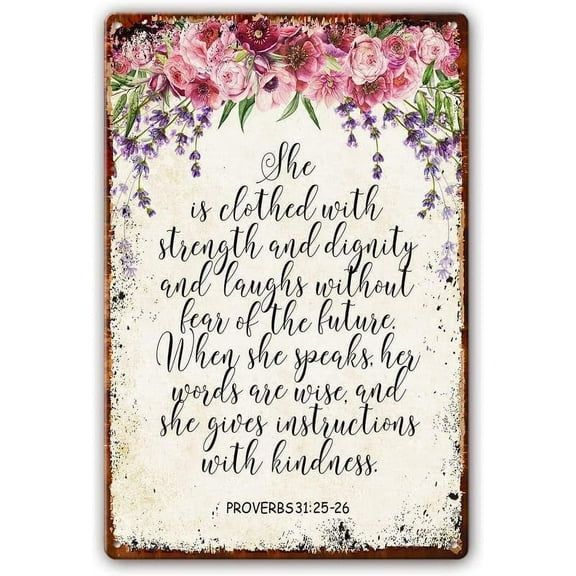 8x12 Inch Vintage Tin Sign Proverbs 31:25 Bible Quotes Wall Art Scripture Wall Art She Is Clothed With Strength And Dignity Printable Nursery Bible Verse Print For Bedroom Metal Tin Sign