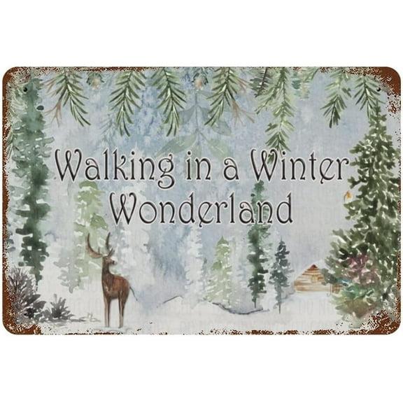 8x12 Inch Winter Vintage Metal Sign,Winter Forest Retro Sign,Christmas Sign,Snow Sign,Walking In A Winter Wonderland,For Farmhouse Office Cafe Kitchen Bathroom Garden Wall Art Decor