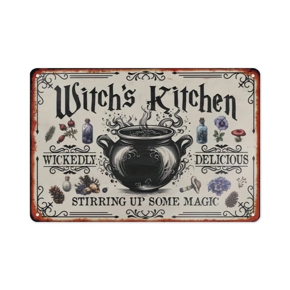 8x12 Inch Witch's Kitchen Funny Aluminum Metal Sign, Retro Gothic Cauldron Wall Art Plaque, Rust-Proof Weatherproof Decor for Kitchen, Home, Halloween