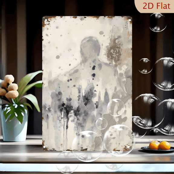 8x12 Inches Abstract Rusted Metal Wall Art, Ghostly Human Silhouette with Purple Black Splatters, Ethereal Torso Painting on Weathered Textured Surface for Modern Home Decor
