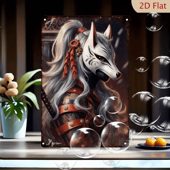 8x12 Inches Anthropomorphic Fox Warrior Wall Art, Detailed Digital Painting of Silver-Haired Masked Character in Dark Armor with Red Ribbon and Japanese Fantasy Style for Home Decor