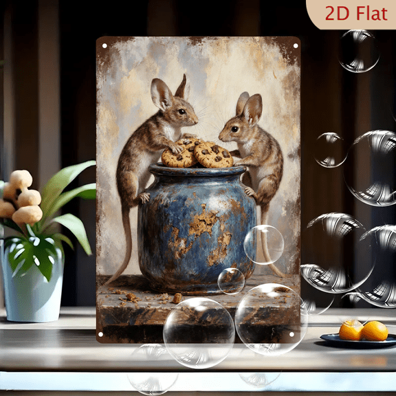 8x12 Inches Anthropomorphic Mice with Cookie Jar Metal Wall Art, Whimsical Vintage Still Life Wall Decor, Rustic Stone Surface & Chocolate Chip Cookies, Aged Beige Wall Background