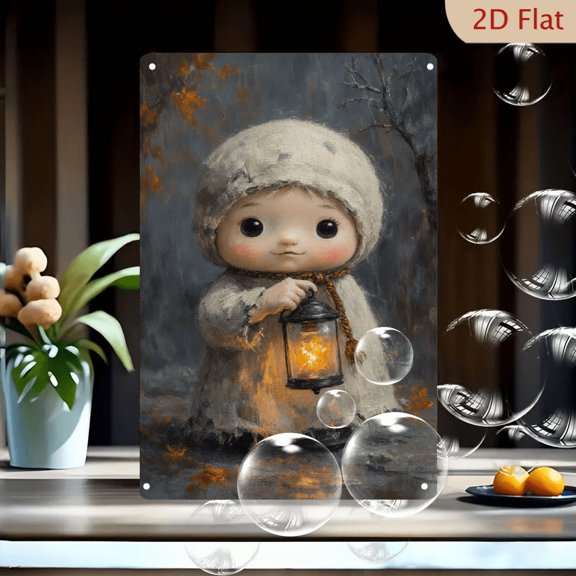 8x12 Inches Autumn Forest Lantern Art Metal Tin Sign, Impressionist Child in Hooded Cloak with Glowing Candle Light, Rustic Wall Decor for Home Office