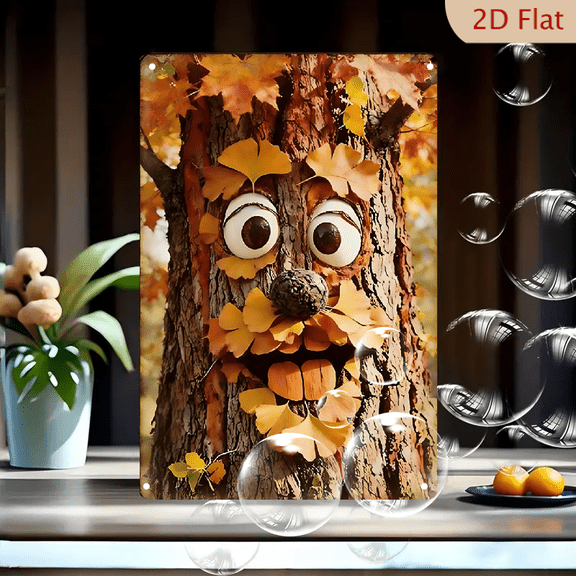 8x12 Inches Autumn Tree Face Art Print, Whimsical Ginkgo Leaf Smile & Googly Eyes Wall Decor for Fall Home, Nature Inspired Gnome Painting