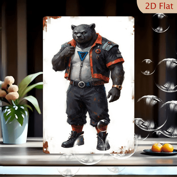 8x12 Inches Black Bear in Rugged Street Style Leather Jacket, Combat Boots & Cargo Pants Wall Art Metal Print, Urban Fantasy Comic Character Poster for Home Decor
