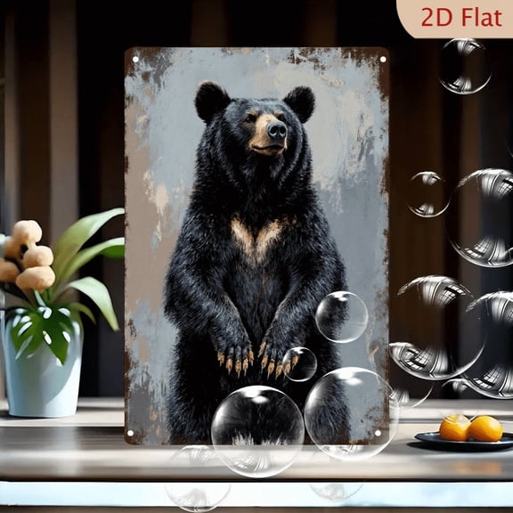 8x12 Inches Black Bear Standing Upright Metal Wall Art, Realistic Portrait with Tan Chest Patch and Sharp Claws on Abstract Weathered Background, Rustic Farmhouse Decor for Living Room