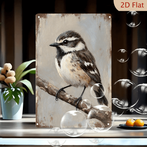 8x12 Inches Black and White Bird on Weathered Branch Wall Art, Rustic Textured Canvas Print with Muted Beige Gray Background, Natural Elegance Decor for Home Office