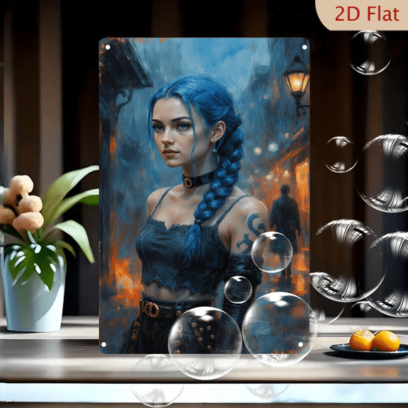 8x12 Inches Blue Hair Woman Braid Street Art Metal Wall Decor, Moody Night Scene with Tattoo Girl and Warm Lights for Living Room Bedroom