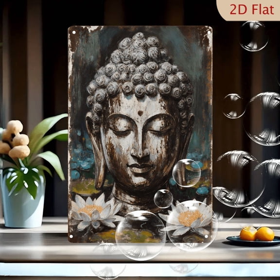 8x12 Inches Buddha Head Wall Art, Serene Spiritual Painting with White Lotus Flowers, Weathered Earthy Tones on Metal Tin Sign, Antique Finish Decor for Home Meditation Room