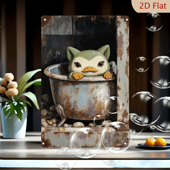 8x12 Inches Cat Duck Hybrid Wall Art, Whimsical Surreal Painting of Curious Feline-Bird in Rusty Tub, Gritty Nostalgic Decor for Home Office, Muted Earth Tones Canvas Print