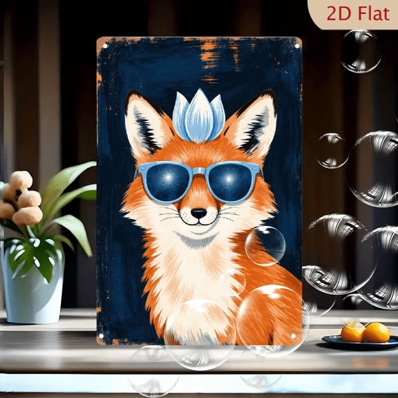 8x12 Inches Cool Fox Wall Art, Anthropomorphic Orange Fox with Blue Sunglasses and Glowing Lotus Flower on Dark Blue Background, Modern Abstract Metal Tin Sign for Home Office Decor