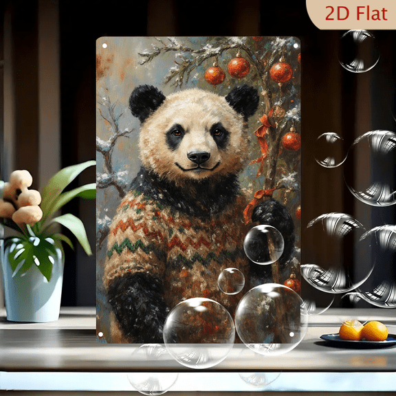 8x12 Inches Cute Anthropomorphic Panda in Cozy Knitted Sweater Winter Snow Scene Christmas Wall Art Metal Tin Sign for Home Decor