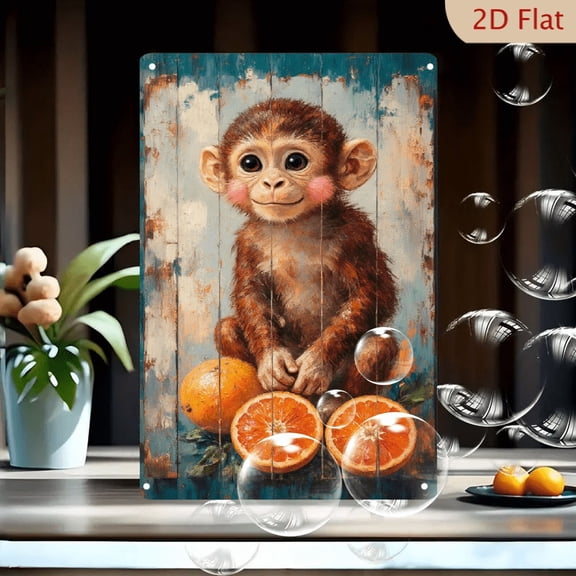 8x12 Inches Cute Baby Monkey Painting with Oranges, Rustic Wood Background Wall Art, Painterly Reddish-Brown Fur, Expressive Eyes, Pink Cheeks, Vintage Blue and White Planks, Metal Tin Sign Decor