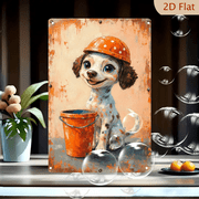 8x12 Inches Cute Cartoon Spotted Puppy in Orange Helmet Art Print, Whimsical Vintage Industrial Wall Decor with Rusted Metal Background for Kids Room